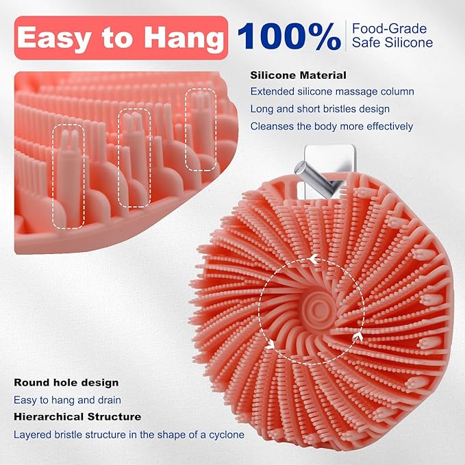 Silicone Body Scrubber, Exfoliating Body Scrubber for All Skin Types, Handheld Shower Brush with Rich Lathering and Easy Cleaning (Pink)