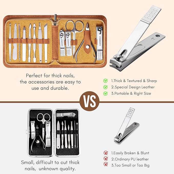 FAMILIFE Manicure Set, Nail Professional Kit Manicure Kits Nail Clipper Sets, 13PCS Stainless Steel Pedicure Sets Mens Grooming Tool, with Brown Leather Travel Case for Men