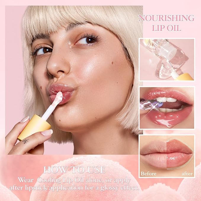 Hydrating Lip Oil，4PCS Fruit Transparent Lip Gloss Set，Big Brush Shiny Transparent Korean Lip Gloss Plumping，Non-sticky Tinted Toot Lip Balm for Lip Care，Repairing Primer Lip Oil Care Product
