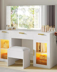 DWVO 56" Vanity Table Set with Tri-Fold Mirror & LED Lights, Makeup Vanity Desk with RGB Glass Cabinets, Storage Drawers, Shelves, Built-in Power Strip, Cushioned Stool for Dressing Room, White