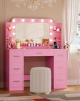 YESHOMY Vanity Desk with Large Lighted Mirror, Power Outlet and 11 Lights, Makeup Table with 7 Drawers and 3 Desktup Storage Units, 3 Color Modes Available for Bedroom, Pink