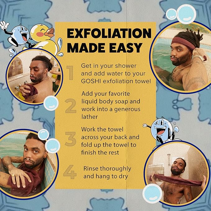 GOSHI Exfoliating Shower Towel - Rip-Resistant Exfoliating Washcloth for All Skin Types - Brick Red - Made in Japan