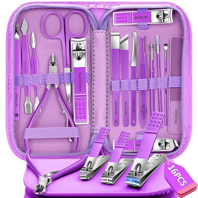 Manicure Set 16Pcs Professional Stainless Steel Pedicure Kit Mens Grooming Kit Fingernail & Toenail Clippers Set Manicure Kit with Luxurious Travel Bag, Sharp Nail Scissors and Clipper (Purple)