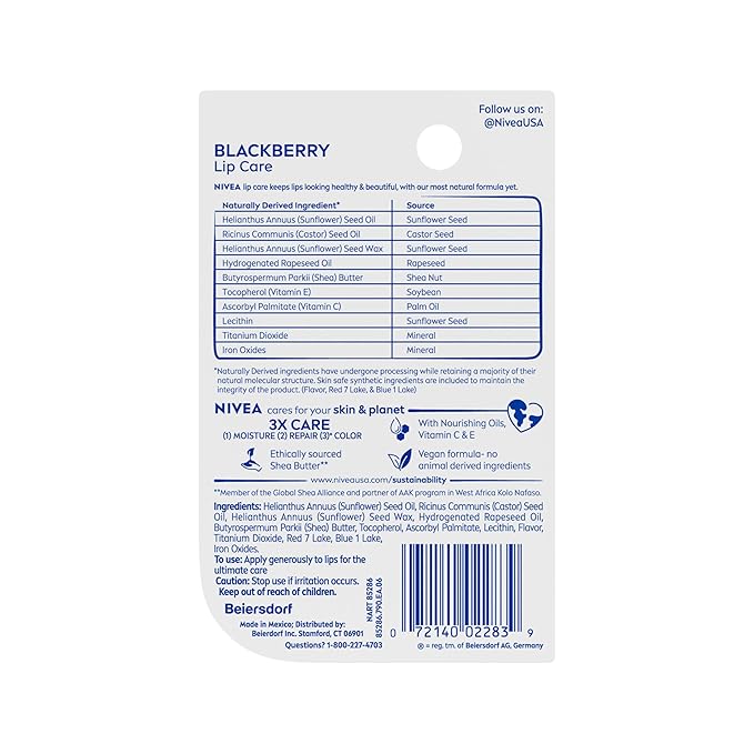 NIVEA Blackberry Lip Care, Tinted Lip Balm with Shea Butter, Nourishing Oils and Vitamin C & E, 3-in-1 Moisture, Repair (for Dry Lips) and Color, 0.17 Oz Stick