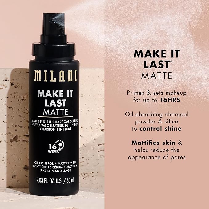 Milani Setting Spray + Primer, Make It Last Matte- Oil Absorbing Charcoal Formula to Control Shine, Matte Finish Setting Spray for Makeup and Primer for Oily Skin, Prime +Correct + Set, 2.03 Fl. Oz