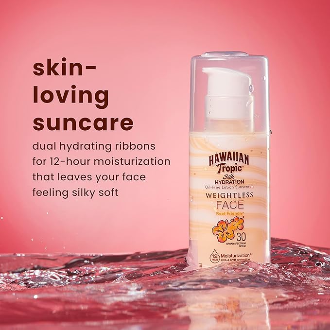 Hawaiian Tropic Weightless Hydration Clear Spray Sunscreen SPF 15 Twin Pack 6oz Each + Face Sunscreen Lotion SPF 30 Travel Size 1.7oz