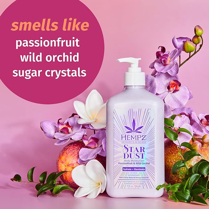 Hempz NEW Star Dust Body Lotion, Iridescent Glow Shimmer, Passionfruit and Wild Orchid, Hydrating and Nourishing Moisturizer, 17 oz.