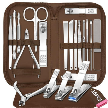 Manicure Set 16 In 1 Professional Stainless Steel Pedicure Kit Toenail Clippers Set Mens Grooming Kit Fingernail Kit for Women with Luxurious Travel Bag, Suitable for Home, Travel, and Salon (Brown)
