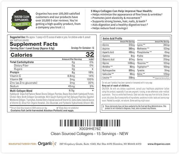 Organixx Collagen Peptides Powder with Vitamin C, Types I, II, III, V, X Hydrolyzed Collagen, Hair, Nail, Skin, Bone & Joint Health, Aging Support, Clean Sourced, Gluten Free, Unflavored, 15 Servings