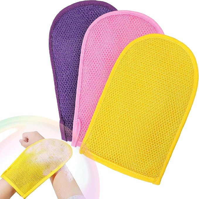 3 Pieces African Net Sponge Exfoliating Mitts Exfoliator Gloves Visibly Lift Away Dead Skin, Great for Spray Tan Removal or Keratosis PilarisExfoliating Mitts (Pink,Yellow,Purple)