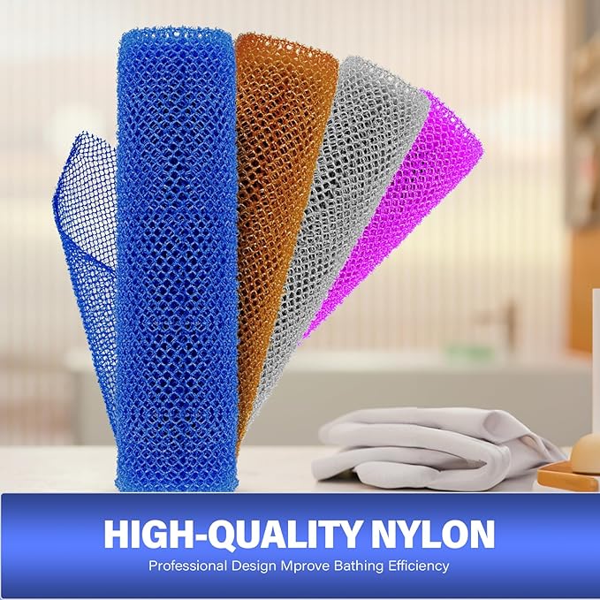 4 Pieces Exfoliating Washcloth Shower Towel African Net Sponge Japanese Wash Cloth Face Exfoliating Sponge Loofah Exfoliating Body Scrubber for Body Exfoliation (Brown, Blue, Purple,Grey)