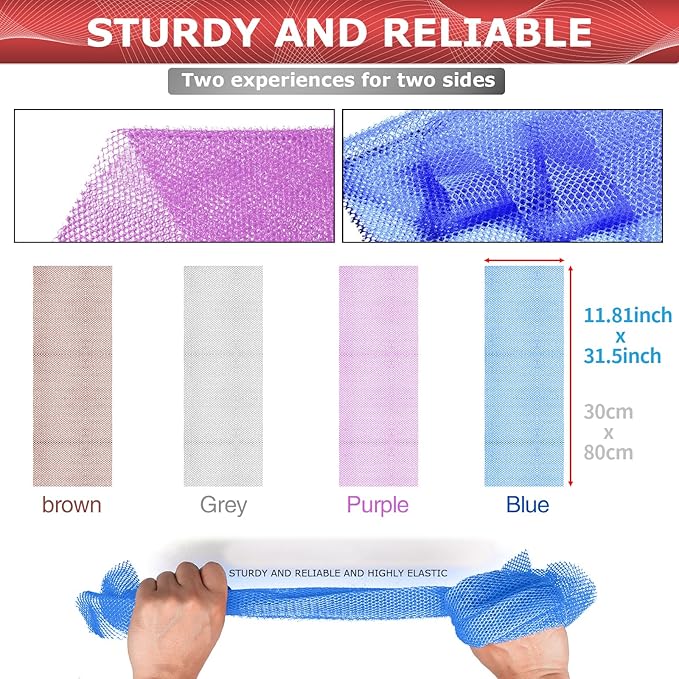 4 Pieces Exfoliating Washcloth Shower Towel African Net Sponge Japanese Wash Cloth Face Exfoliating Sponge Loofah Exfoliating Body Scrubber for Body Exfoliation (Brown, Blue, Purple,Grey)