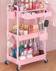 Goovilla Rolling Makeup Organizer Cart with Removable Drawer, 3 Tier Stable Pink Floor Skincare Storage Cart for Vanity, Cosmetic Display, Nail Polish, Perfume, Hair Stuff, Beauty, Bathroom(Plastic)