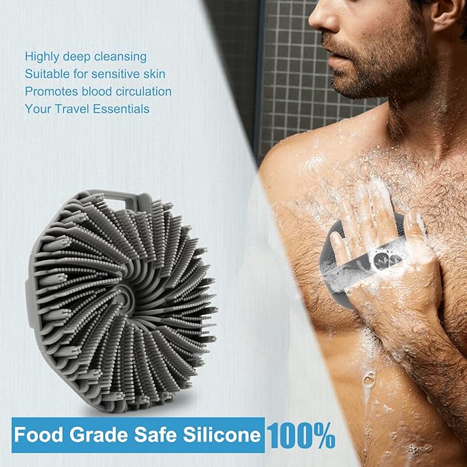 Silicone Body Scrubber，Exfoliating Body Scrubbers for use in Shower,Silicone Body Brush for Showering and Anti-Slippery Handles for All Skin Types(Grey)