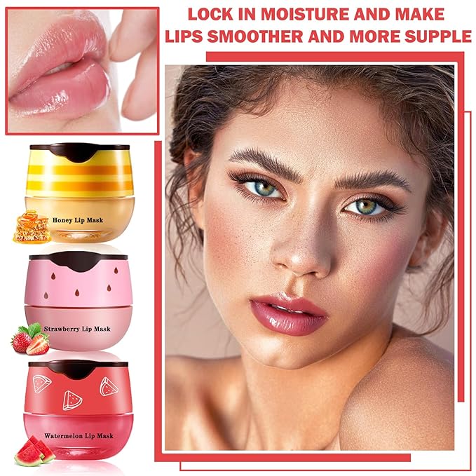 3PCS Bee Lip Balm Honey Pot Products(Honey+Strawberry+Watermelon)