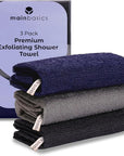 MainBasics Exfoliating Shower Towel - Japanese Nylon Bath Towel and Body Washcloth, Quick-Dry, Durable, Deep Exfoliation (Set of 3, Black Ice)