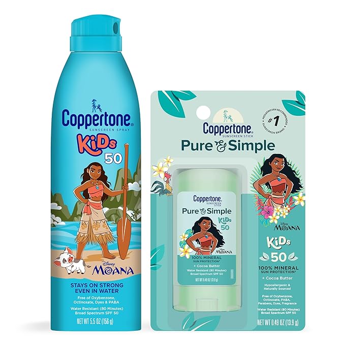 Coppertone Kids Sunscreen Spray SPF 50 (5 Oz Can) + Coppertone Pure and Simple Kids Mineral Sunscreen Stick SPF 50 (0.49 Oz Stick), Water Resistant, Free From Oxybenzone, Octinoxate, PABA and Dyes