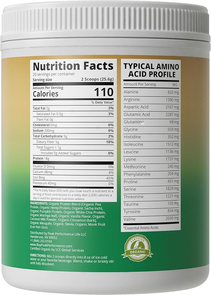 Organic Paleo Grain Free Plant Based Protein Powder. Complete Raw Organic Vegan Protein Powder. Amazing Amino Acid Profile and Less Than 1g of Sugar. Hemp Protein Pea Protein Powder Vanilla Flavored