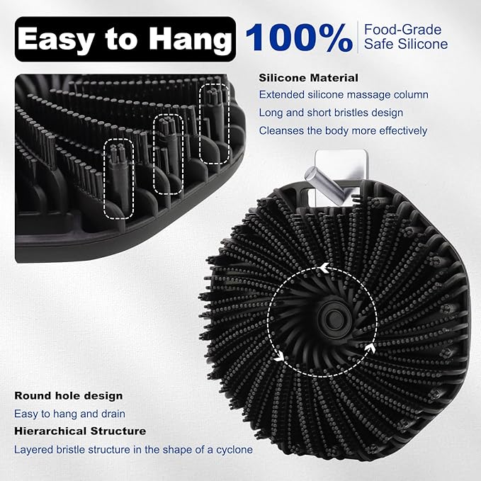 Silicone Body Scrubber, Men Body Scrubber, Gentle Exfoliating, Suitable for All Skin Types, Handheld Shower Brush, Rich Lathering, Easy to Clean (Black)