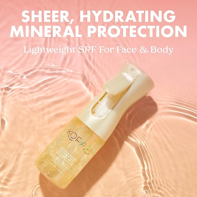 Kopari Golden Sunglaze Sheer Body Mist Sunscreen SPF 50, Infused with Shimmering Body Oil, Hydrating Mist, Hydrates, Brightens, Gives Skin a Glowy Finish, Lightweight, Fast-Absorbing.