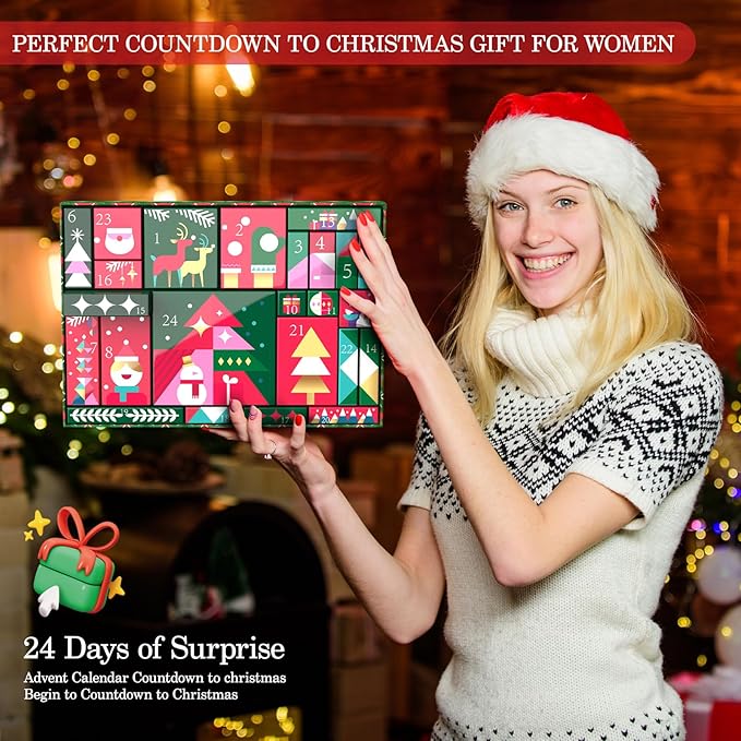 Advent Calendar 2025 for Adult Women, Christmas 24 Pieces Beauty Fashion and Jewelry Bath Sets Countdown Gifts, Christmas Surprise Gift Baskets for Women, Mom, Wife, Sister, Colleague, Adult