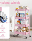 TOOLF 4-Tier Metal Rolling Cart with Wheels, Storage Utility Organizer Cart for Kitchen, Bathroom, Office, Baby Essentials & Makeup - Lockable Casters, Easy Assembly, Large Capacity, Pink