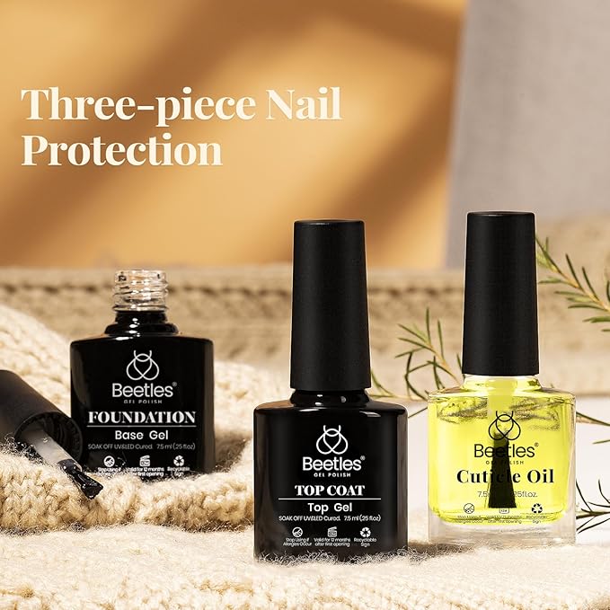 Beetles Gel Top Coat Base Coat and Cuticle Oil Set 3Pcs, No Wipe Top Gel Glossy Shine Long Lasting, Cuticle Oil Care for Dry Damaged for Stronger Nails Fall Nail Gifts For Girls