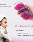 2 PC Silicone Body Scrubber, 2 in 1 Exfoliating Shower Bath Scrubber, Soft Silicone Loofah for Sensitive Skin, Shower Hair Scalp Massager, Easy to Clean, Lather Well (Purple & Yellow)