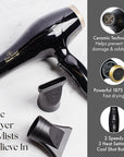 Olivia Garden 1875W Ceramic + Ion Professional Hair Dryer for Men and Women - Fast Drying Blow Dryer - Powerful Ionic Generator - 3 Heat Settings - with 2 Nozzles and Storage Bag - (Black/Gold)