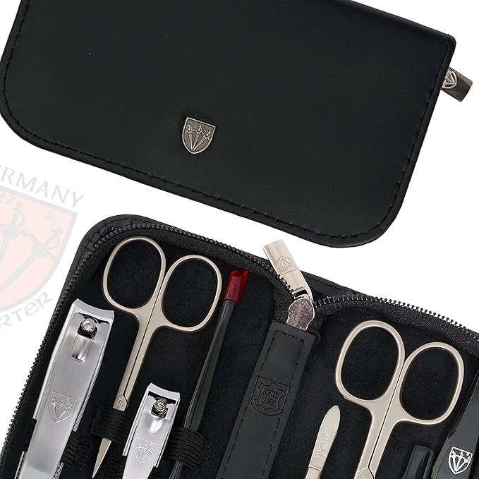 3 Swords Germany – brand quality 8 piece manicure pedicure grooming kit set for professional nail care with genuine leather case black - Made in Germany