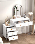 Garvee Makeup Vanity Desk with Mirror and Lights, Modern White Vanity Table with 2 Drawers & Adjustable 3-Drawer Cabinet, Wood Dressing Table for Bedroom