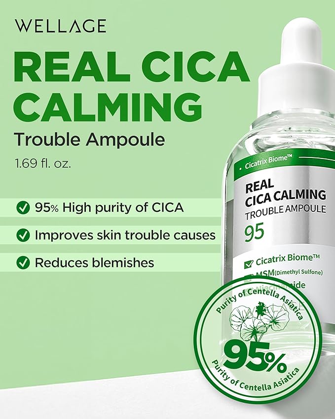 WELLAGE Real Cica Calming Trouble Ampoule - Korean Soothing Serum 95% Madecassoside, Rapid Soothing, Redness Relief, Sebum Control, Improves Freckles and Blemishes, for Acne-Prone Skin, 1.69 fl.oz