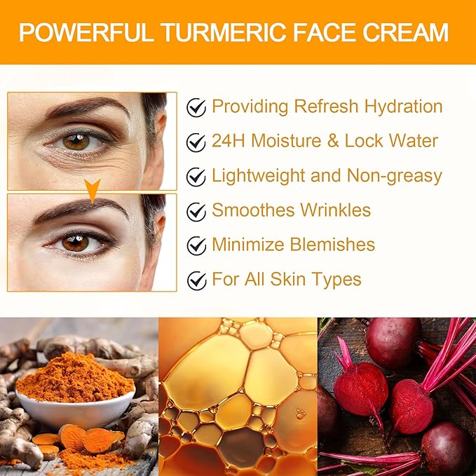 Turmeric Face Cream for Face - Natural Turmeric Moisturizer Cream for Soothing & Hydrating - Vitamin C Turmeric Anti Aging Face Cream Smoothes Fine Lines, Daily Moisturizer for Face and Body 50g