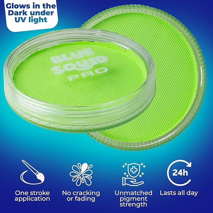 Blue Squid Face Paint Water Based Single Cake Professional Face Paint & Body Paint - Water Activated, Kids Adults Face Painting for Costume, Halloween Makeup, Cosplay - UV Pastel Green Face Paint 30g