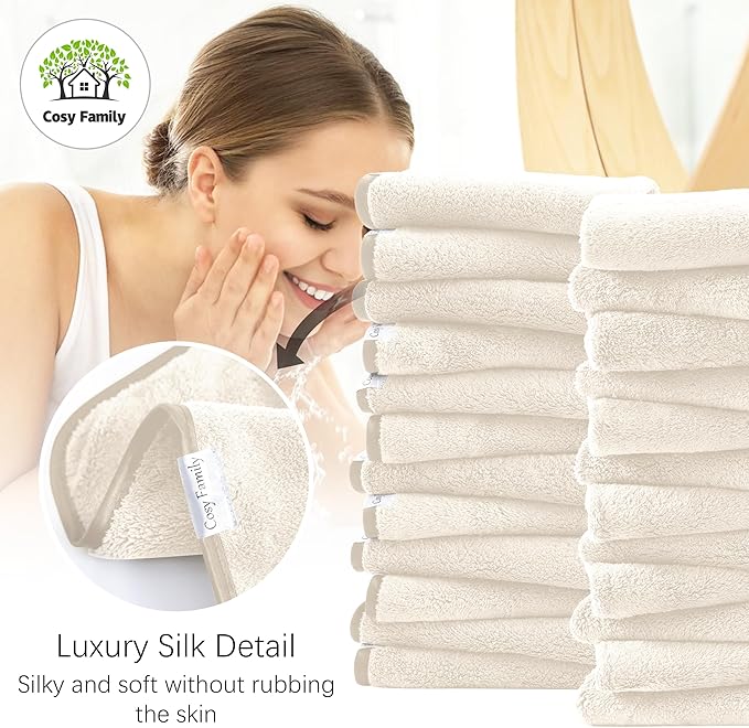 Cosy Family 24 Pack Soft Washcloths Set - 12 x 12 inches, Quick Drying - Highly Absorbent Coral Velvet Fingertip Towel Bathroom Wash Clothes for Bath, Spa, Facial, Kitchen - Cream