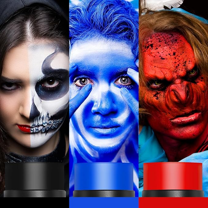 Red & Blue & Black Face Body Paint Stick, Football Baseball Eye Black Stick for Sports, Professional Halloween Face Makeup Kit for Zombie Clown Vampire Joker Costume Makeup