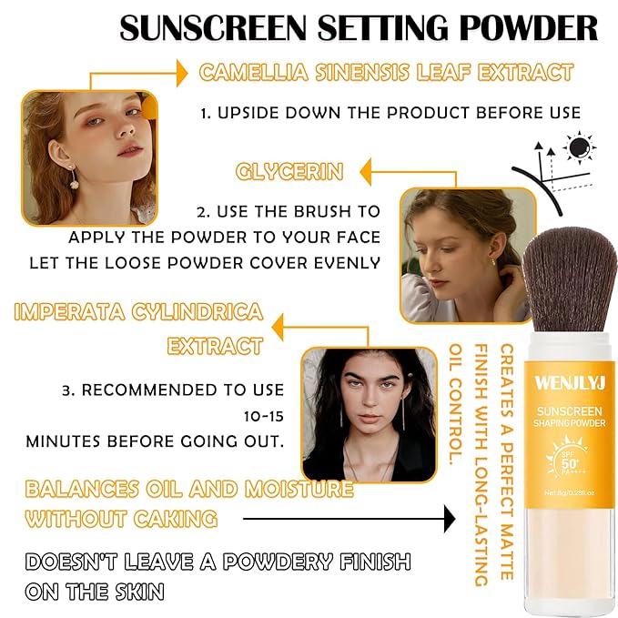 2PCS Mineral Sunscreen Setting Powder Makeup,Translucent Powder SPF Finish,Lightweight,Breathable,All Skin