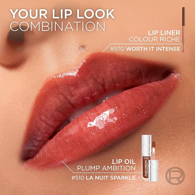 L'Oreal Paris Plump Ambition Hyaluron Lip Oil, 24 HR Lip Gloss with Hyaluronic Acid, Volumizing Formula with Glass-Like Shine, Berry Jolie 490, 0.16 Fl Oz