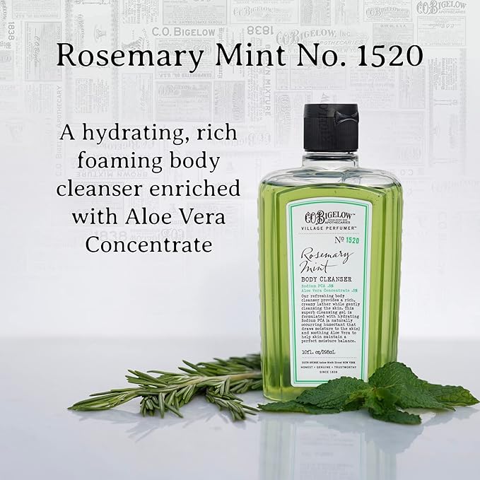C.O. Bigelow Rosemary Mint Body Cleanser, Village Perfumer Moisturizing Body Wash for Men and Women with Aloe Vera, Sodium PCA, and Glycerin, 10 fl oz