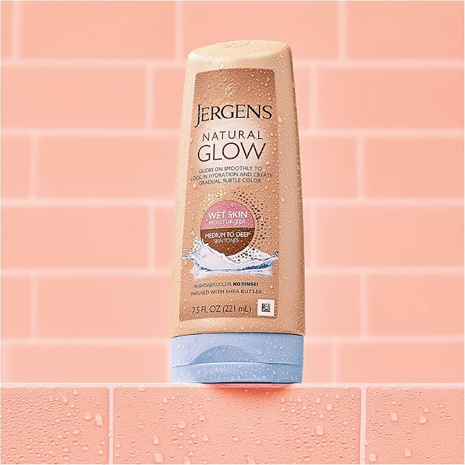 Jergens Natural Glow In Shower Lotion, Self Tanner for Medium to Deep Skin Tone, Sunless Tanning Wet Skin Lotion for Gradual, Flawless Color, 7.5 Ounce, Pack of 2