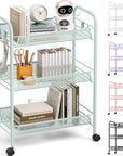 TOOLF 3-Tier Metal Rolling Cart, Mesh Wire Easy Assemble Utility Cart, Storage Trolley on Wheels with 3 Hooks, MetalStorage Shelving Units for Kitchen Bathroom Laundry Room