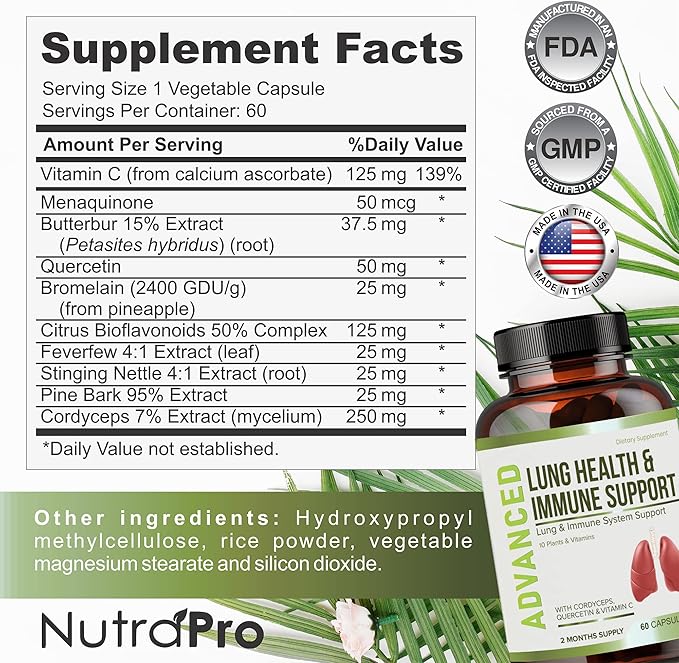 Lung Health & Immune Support Supplement - Lung Cleanse and Detox With Immunity Vitamins For Better Lungs, Immune Defense, Clear Lungs & Deep Breathing Including Quercetin & Cordyceps.Two Months Supply