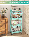 Goovilla 4 Tier Rolling Utility Cart Organizer with Removable Drawer, Stable and Sturdy Blue Rolling Storage Carts with 2 Lockable Wheels for Bathroom, Kitchen, Snack, Craft, Makeup, Baby Essentials