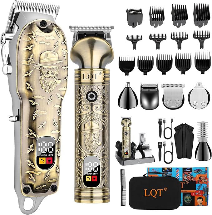LQT® Professional Hair Clippers for Men - Cordless Electric Hair Trimmer & Beard Shaver Kit with Stainless Steel Blades, 12 Guide Combs (1-15mm), Type-C Charging Trimming & Fading