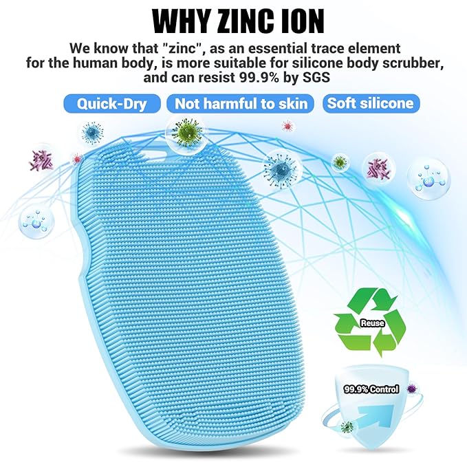 Zinc Infused Silicone Body Scrubber for Shower,Food-Grade Handheld Cleansing Skin Brush, Gentle Exfoliating and Lather Well - Azure
