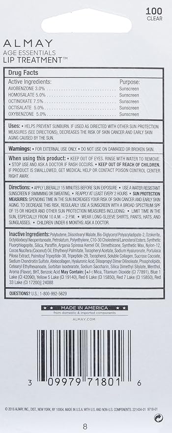 Almay Lip Treatment, Age Essentials, Spf 30, Hypoallergenic, Fragrance Free,100 Clear, 0.24 Oz