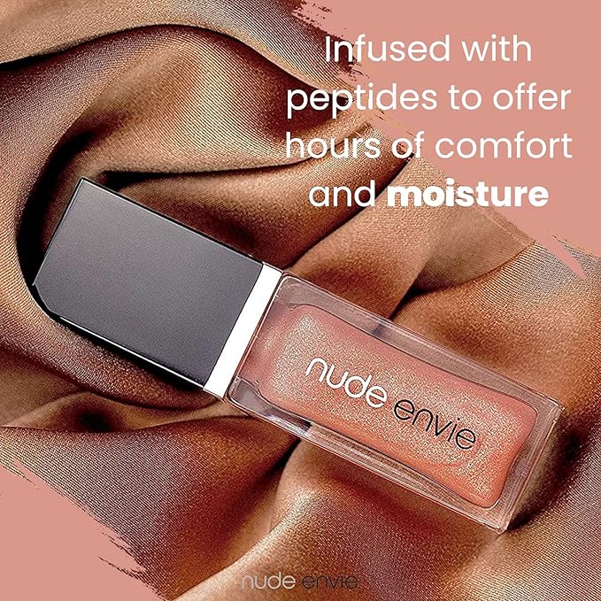 nude envie Lip Gloss - Certified Vegan Lipgloss Cruelty-Free and Paraben Free - Enriched Peptides, Vitamin E and Jojoba Oil (Whisper)