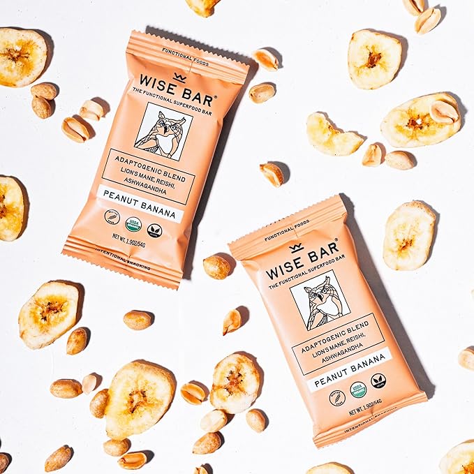 Wise Bar Adaptogen Mushroom Nutrition Bars | Peanut Butter Banana Flavor | 12 Count | Functional Mushrooms and Adaptogens Bar | Organic Nutrition Energy Bars, Vegan, Gluten Free
