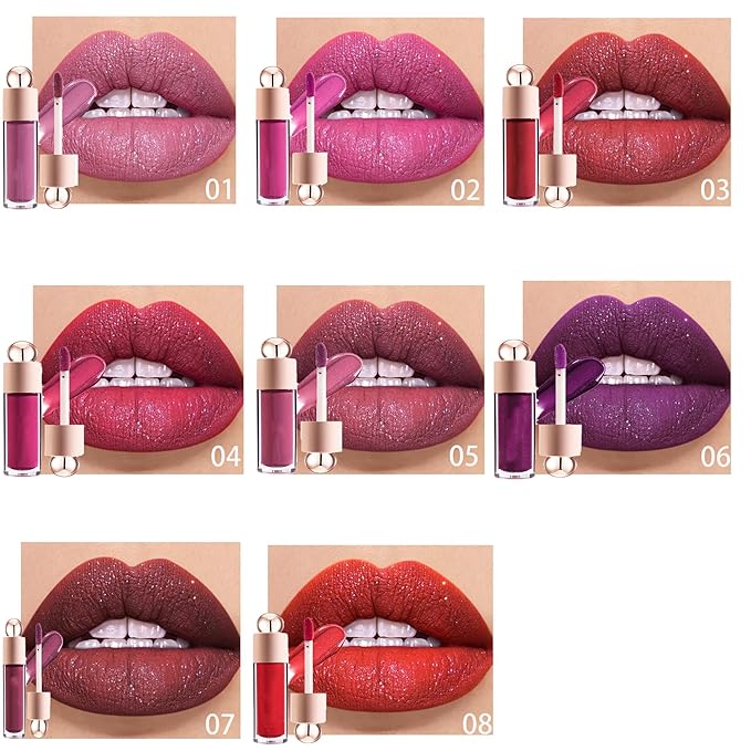 Shimmer Gloss Lipstick, Slicks Lip Gloss Diamond Shiny Pink Dark Red Purple Glitter Sparkly Glossy Shimmer Waterproof Girls Lip Glaze for Women, Long lasting High Pigmented Lips Makeup(#04)