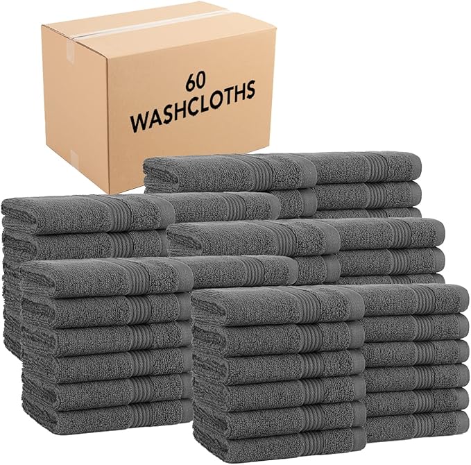 Arkwright Bath Washcloths 12 Pack - (Bulk Case of 60) Super Soft 100% Cotton, 600 GSM Quick Dry & Absorbent, Luxury Face & Body Wash Cloth Towels for Hotels, Spa, and Vacation Rental, Pewter Grey
